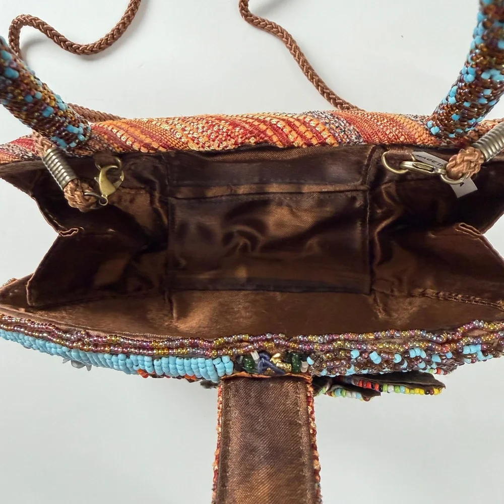 Beaded Floral Top Handle Bag Small Boho Eclectic Multicolor Purse‎